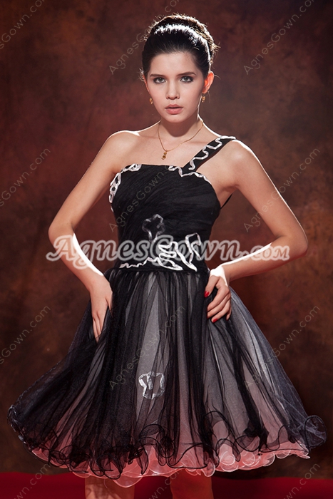 Breathtaking One Shoulder Mini Length Black Sweet Sixteen Dress 