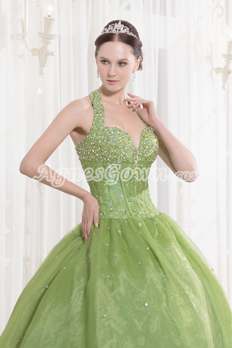 Beautiful Olive Halter Quince Gown Dress With Great Handwork 