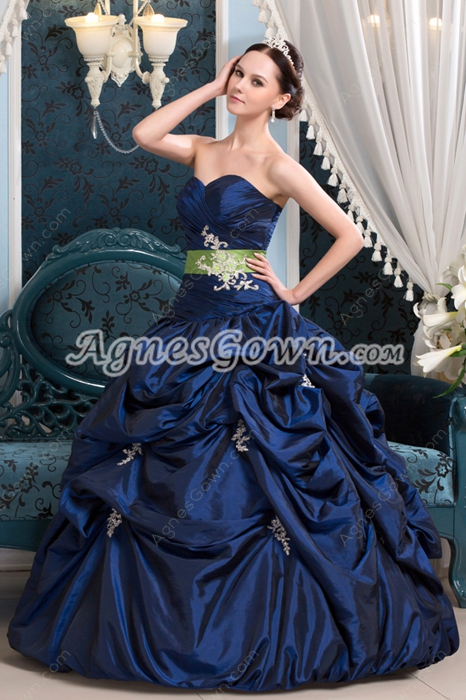 Stunning Ball Gown Full Length Dark Royal Blue Taffeta Quinceanera Dress With Lime Green Sash 
