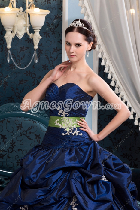 Stunning Ball Gown Full Length Dark Royal Blue Taffeta Quinceanera Dress With Lime Green Sash 