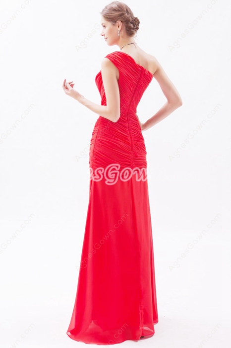 One Shoulder Sheath Red Chiffon Formal Evening Gown 