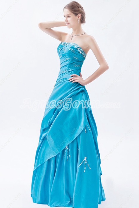 Dipped Neckline Taffeta Turquoise Long Princess Quinceanera Dress