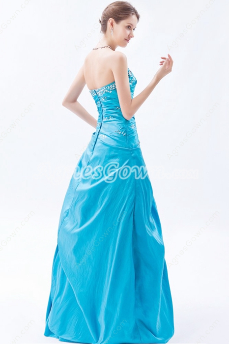 Dipped Neckline Taffeta Turquoise Long Princess Quinceanera Dress