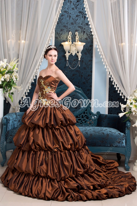 Brilliant Sweetheart Ball Gown Full Length Taffeta Brown Quinceanera Dress 2016 Four Tiered 