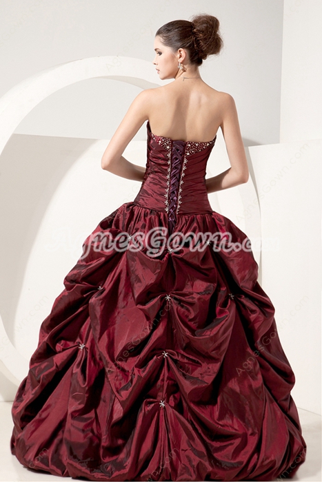 Vintage Sweetheart Ball Gown Full Length Taffeta Burgundy Sweet Fifteen Dress 