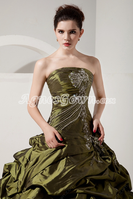 Retro Strapless Ball Gown Taffeta Military Green Quinceanera Dress With Jacket