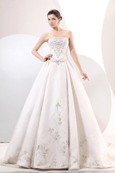 Luxurious Strapless Neckline A-line  White Wedding Dress With Silver Embroidery