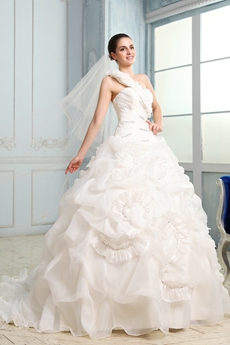 Desirable One Shoulder Ball Gown Organza Floral Wedding Gown 
