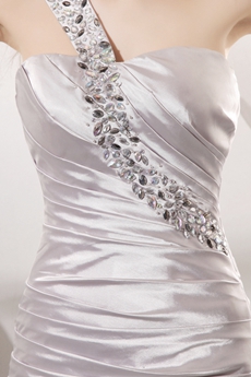 One Shoulder Sheath Full Length Silver Satin Prom Dress 