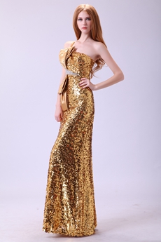 Fashionable One Shoulder A-line Gold Sequined Evening Gown 