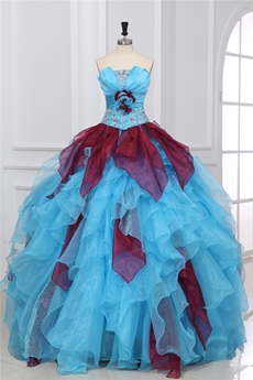 Inexpensive Strapless Ball Gown Blue & Burgundy Quinceanera Dress