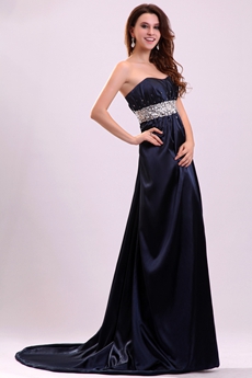 Exclusive Shallow Sweetheart A-line Dark Navy Prom Dress With Diamonds 