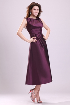 Elegance Jewel Neckline Tea Length Grape Taffeta Wedding Guest Dress 