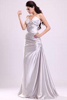 Showy V-Neckline Straps A-line Full Length Silver Satin Junior Prom Dress
