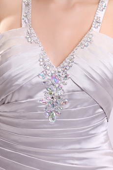 Showy V-Neckline Straps A-line Full Length Silver Satin Junior Prom Dress