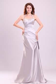 Exclusive Halter A-line Full Length Silver Satin Prom Gown 