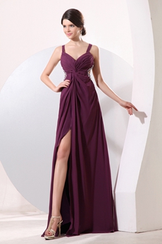 Glamour Double Straps Grape Chiffon High Slit Cocktail Dress 