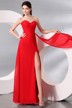 Sweetheart A-line Full Length Red Chiffon Cocktail Dress Front Slit 