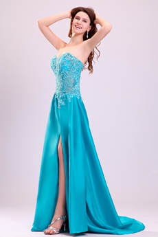 Sweetheart A-line Full Length Turquoise Evening Dress Front Slit 