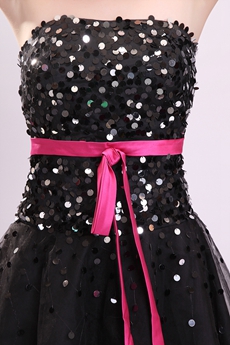Strapless A-line Mini Length Black Sequined Homecoming Dress With Fuchsia Sash 
