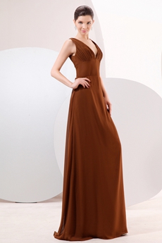 Stunning V-Neckline Column Full Length Brown Chiffon Prom Party Dress 