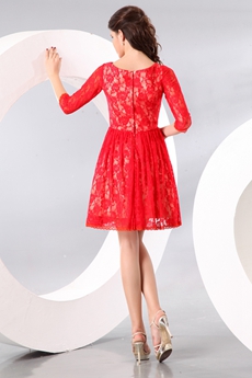 3/4 Sleeves Jewel Neckline Mini Length Red Lace Homecoming Dress 