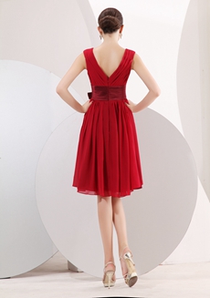 Modest V-Neckline Knee Length Red Chiffon Wedding Guest Dress