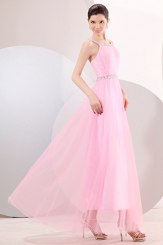 Cute Straps Column Pink Tulle Junior Prom Party Dress 