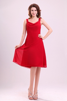 Modest Double Straps A-line Knee Length Red Chiffon Wedding Guest Dress 