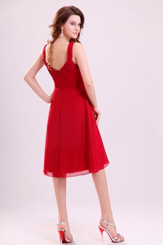 Modest Double Straps A-line Knee Length Red Chiffon Wedding Guest Dress 