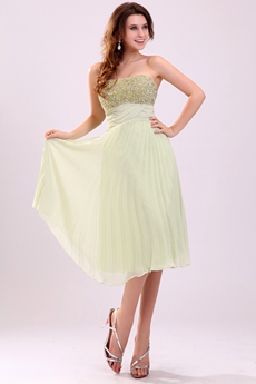 Fashionable Strapless Tea Length Sage Colored Chiffon Junior Prom Dress With Heavy Beads 