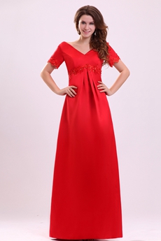 Modest Short Sleeves V-Neckline Column Long Red Mother Dress 