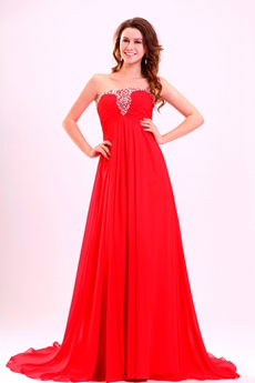 Flowing Strapless Neckline Empire Full Length Red Chiffon Plus Size Prom Dress 