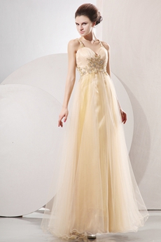 Crossed Straps Back Ankle Length Champagne Tulle Prom Gown 