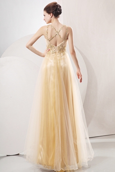 Crossed Straps Back Ankle Length Champagne Tulle Prom Gown 
