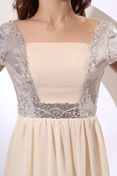 Modest Short Sleeves Long Length Champagne & Silver Prom Dress For Juniors 