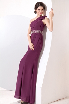 Terrific One Shoulder Column Full Length Grape Chiffon Bridesmaid Dress 