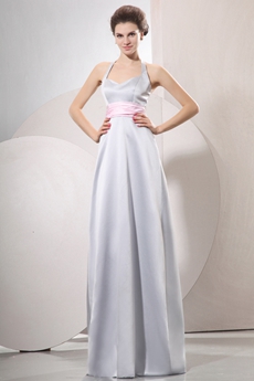 Modest Halter A-line Silver Gray Prom Dress With Pink Sash 