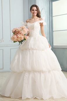 Inexpensive Off The Shoulder Organza Princess Wedding Dress With Lace 