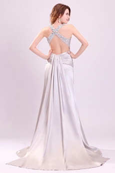 Trendy Crossed Straps A-line Floor Length Silver Wedding Gown Side Slit 