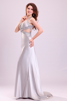Dramatic Crossed Straps Back Silver Satin Prom Dress With Rhinestones 