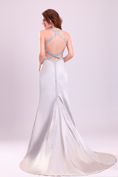 Desirable Crossed Straps A-line Full Length Silver Satin Wedding Gown 
