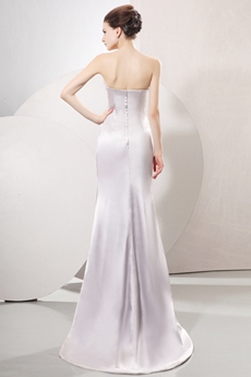 Glamour Strapless Neckline Sheath Full Length Silver Satin Evening Dress Side Slit 