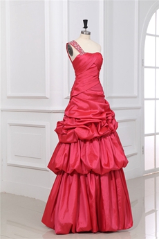 Inexpensive One Shoulder Taffeta Watermelon Colored Princess Sweet 15 Dress 
