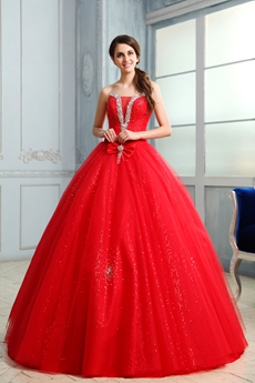 Pretty Strapless Neckline Ball Gown Floor Length Red Sweet 15 Dress