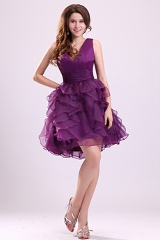 V-Neckline Puffy Mini Length Purple Organza Sweet Sixteen Dress 