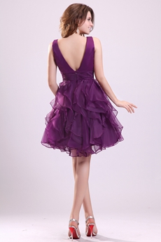 V-Neckline Puffy Mini Length Purple Organza Sweet Sixteen Dress 