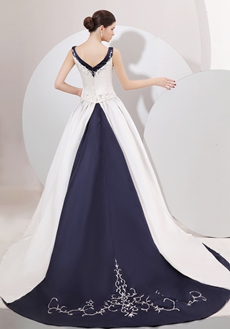 Glamour V-Neckline A-line Full Length White & Navy Blue Embroidery Wedding Dress 