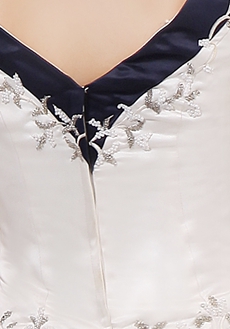 Glamour V-Neckline A-line Full Length White & Navy Blue Embroidery Wedding Dress 