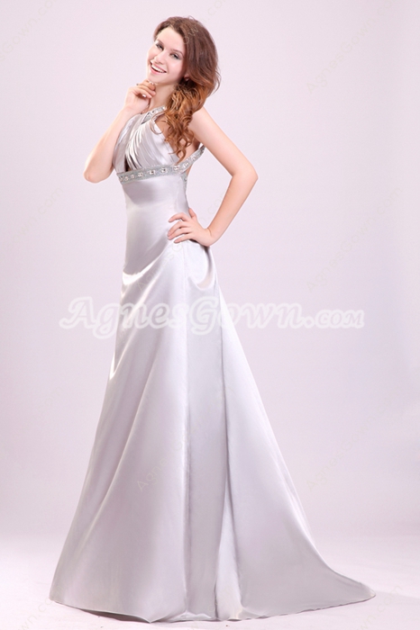 Jewel Neckline A-line Full Length Silver Satin Backless Wedding Dress 